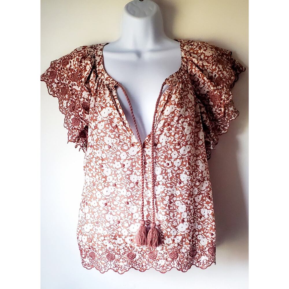 AE 77 Womens Brown Flutter Sleeve Embroidered Floral Top Size Large Boho Hippie